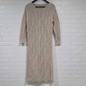 Chic Beige Cable Knit Long Sleeve Dress